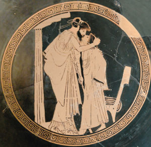 Éraste et Éromène, coupe attique à figures rouges, V<sup>e</sup> siècle av. J.-C., musée du Louvre